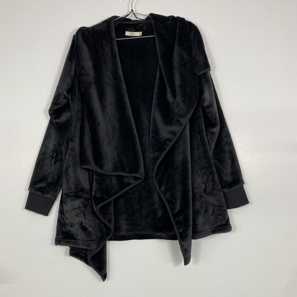 UGG Coatigan Womens XL Black Fleece Open Front Hooded Jacket Pockets Cozy